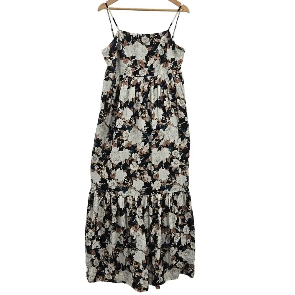 Abercrombie Fitch Cottage Boho Garden Babydoll Cotton Floral Tiered Maxi Dress L
